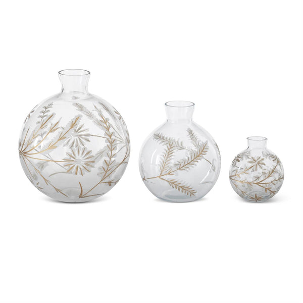 Round Etched White & Gold Painted Floral Glass