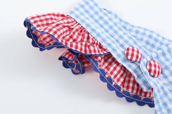 Light Blue and Red Gingham USA Flag Ruffle Romper