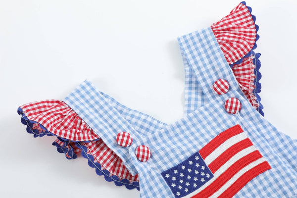 Light Blue and Red Gingham USA Flag Ruffle Romper