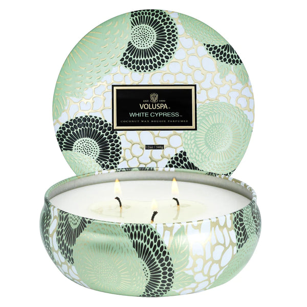 White Cypress, 3-Wick Tin