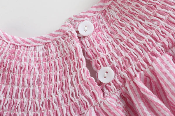 Pink Seersucker Running Bunnies Smocked Bishop Dress